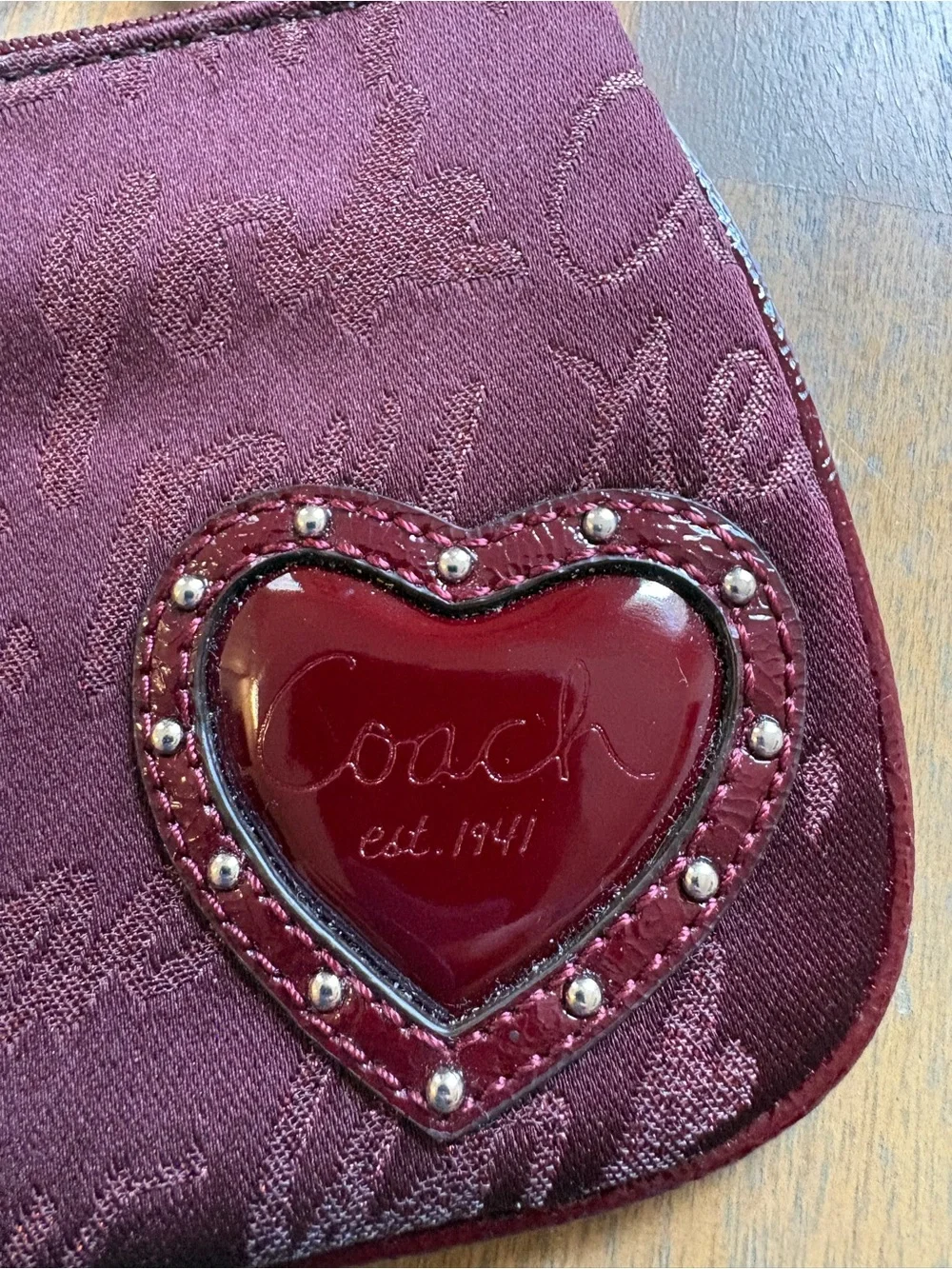 Coach Burgundy Script Heart Wristlet with Patent Heart Accent